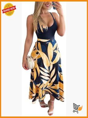 Tropical Boho Wrap Maxi Dress Spaghetti Strap Backless Slit A-Line